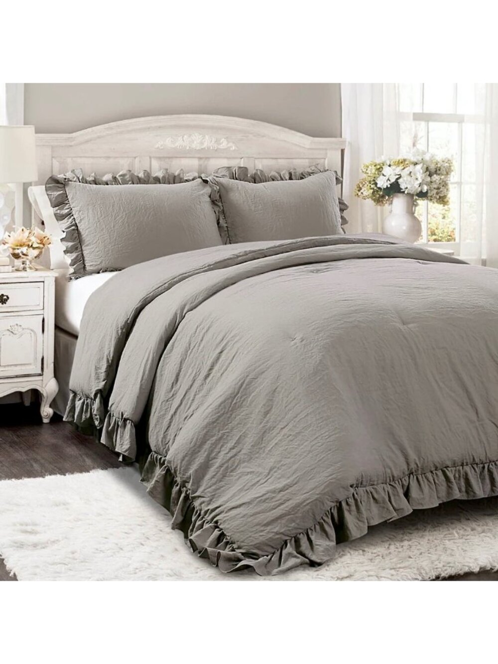 NWT Ruffle Duvet Cover Set King 3 PCs 100% Washed Cotton Gray Solid Bedding